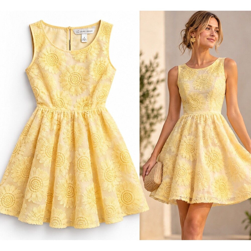 LC Lauren Conrad Dress Size 4 Yellow Floral Embroidered Fit & Flare NWT